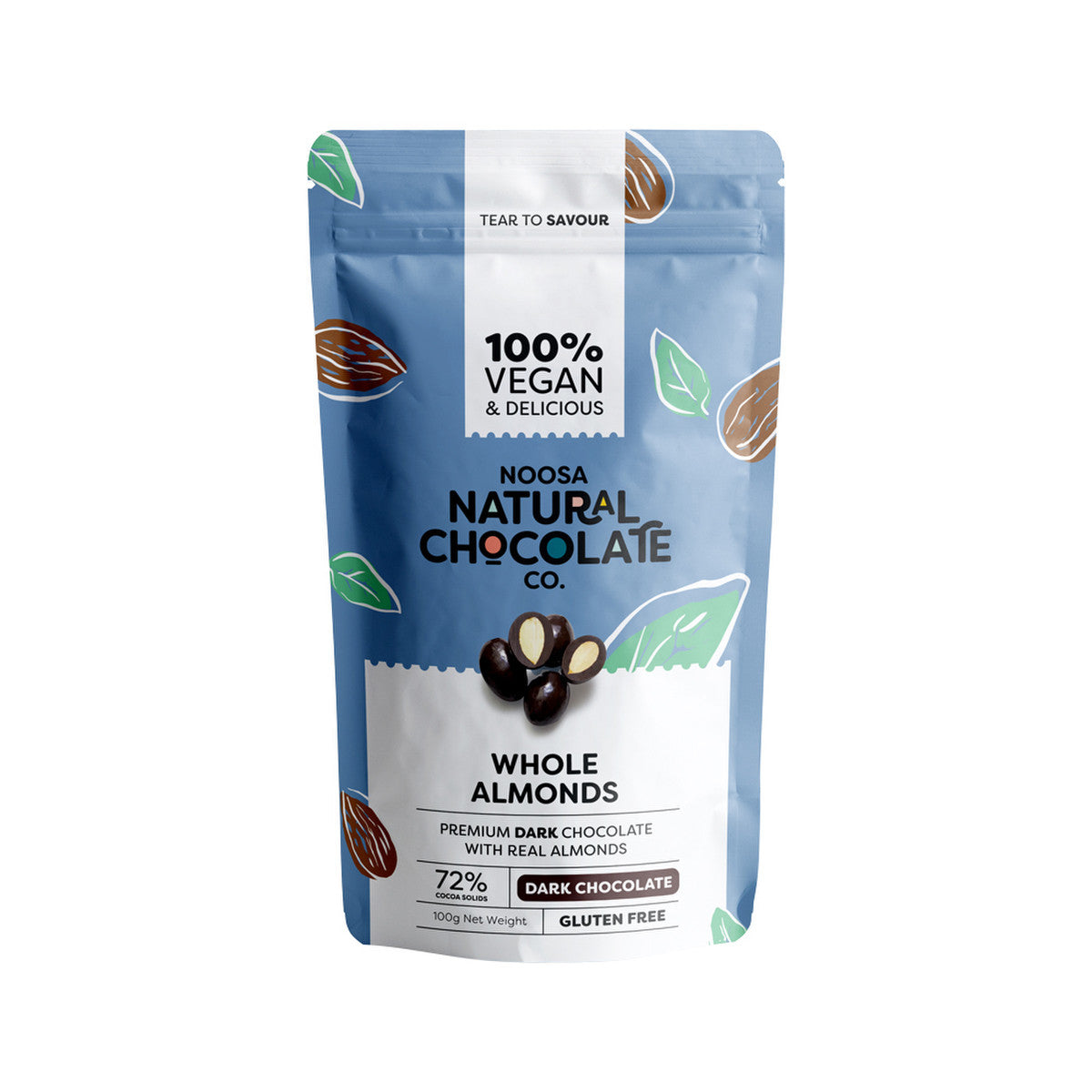image of Noosa Natural Chocolate Co. Dark Chocolate Whole Almonds 100g on white background