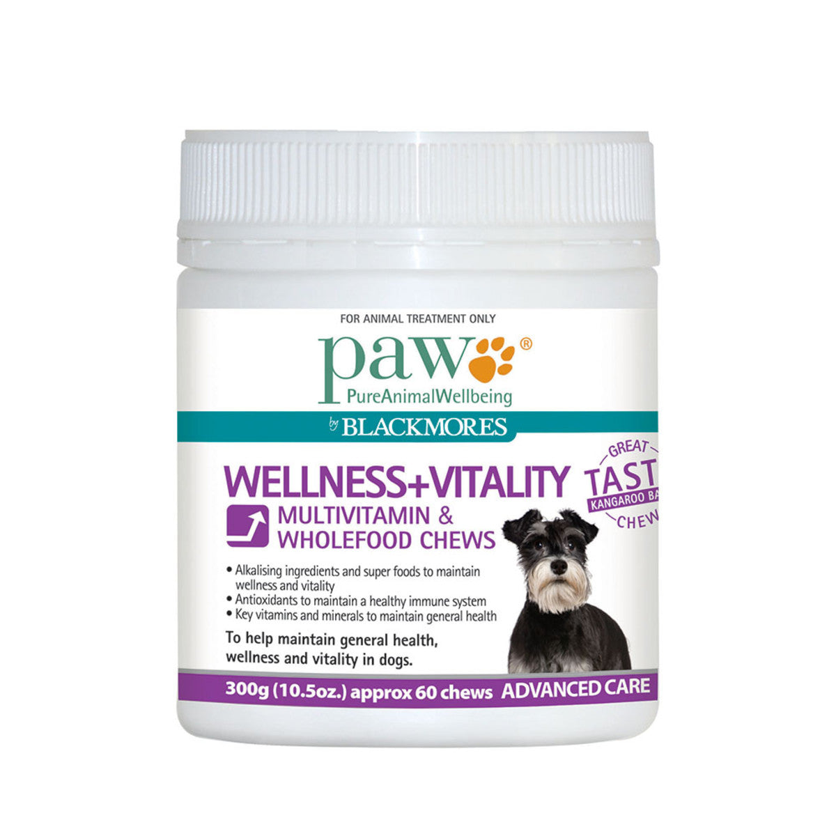 image of PAW By Blackmores Wellness + Vitality Multivitamin & Wholefood Chews 300g on white background 