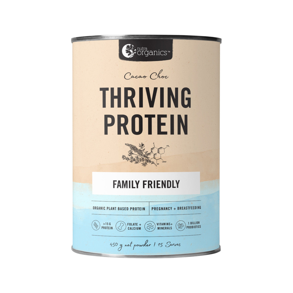 image of Nutra Organics Thriving Protein (Organic Pea Rice Blend) Cacao Choc 450g on white background 