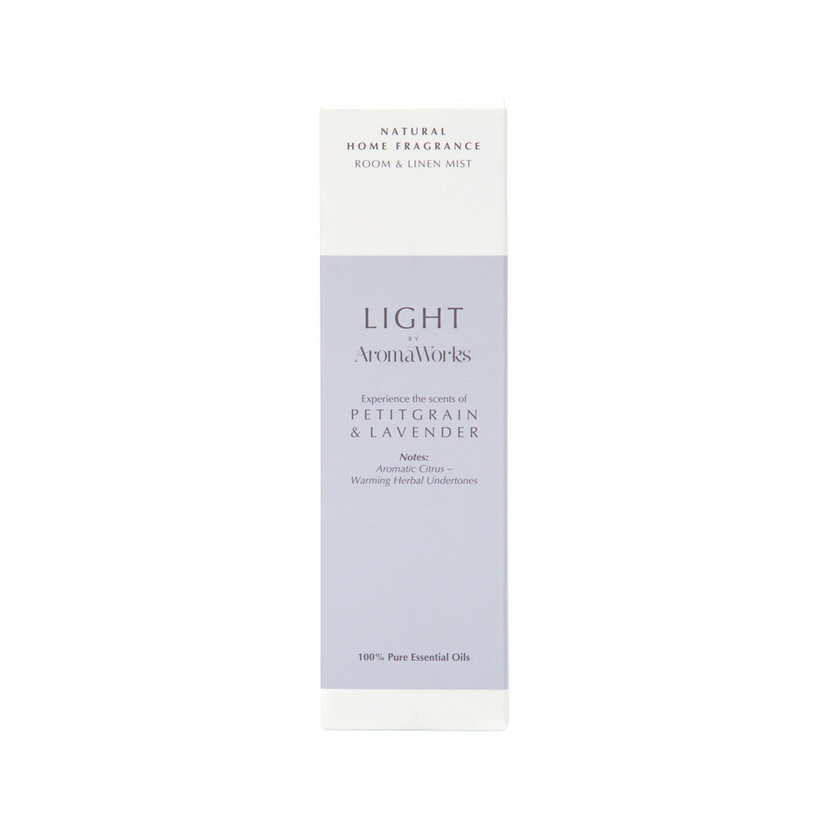 image of AromaWorks Light Room & Linen Mist Petitgrain & Lavender 100ml on white background