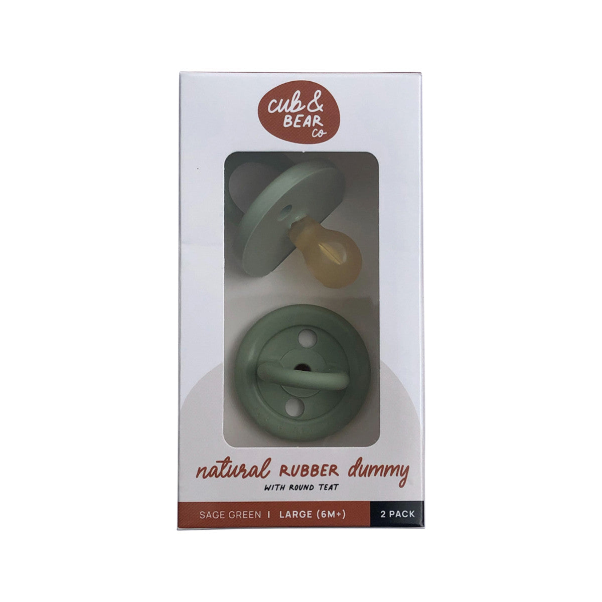 image of Cub & Bear Co Natural Rubber Dummy Round Teat Large (6+ Months) Sage Green Twin Pack on white background