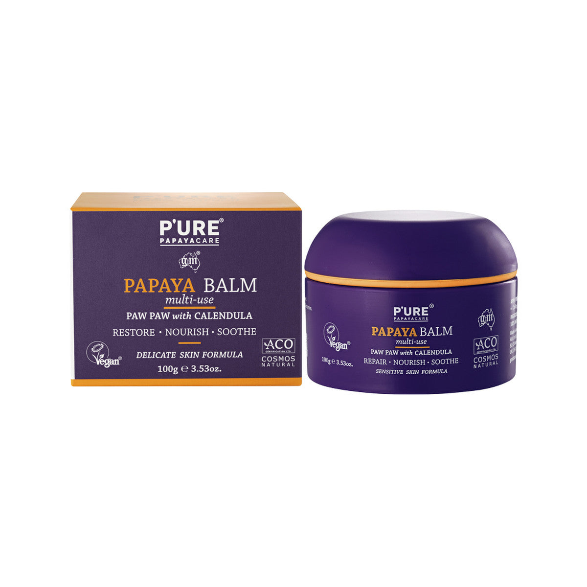 image of P'URE Papayacare Papaya Balm Multi-Use (Paw Paw with Calendula) 100g on white background 