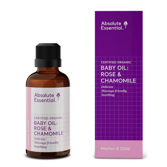 image of Absolute Essential Baby Oil Rose & Chamomile 50ml on white background 