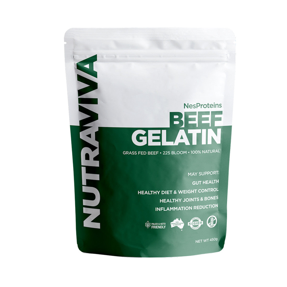 image of NutraViva NesProteins Beef Gelatin (Grass Fed) 450g on white background 