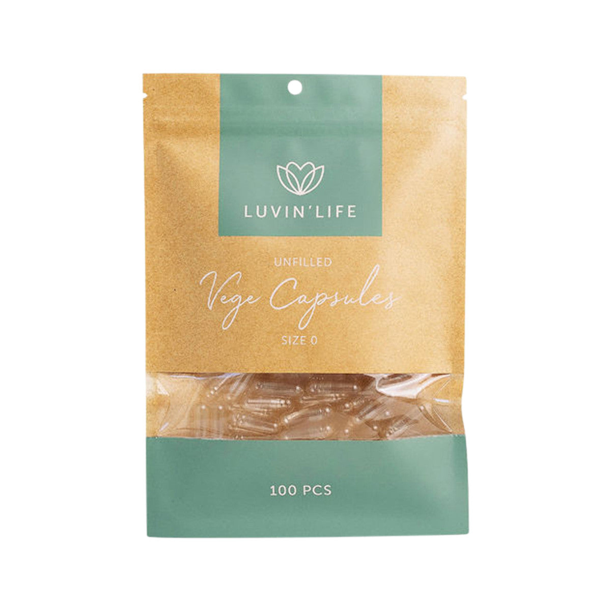 image of Luvin' Life Unfilled Vege Capsules Size '0' x 100 Pack on white background 