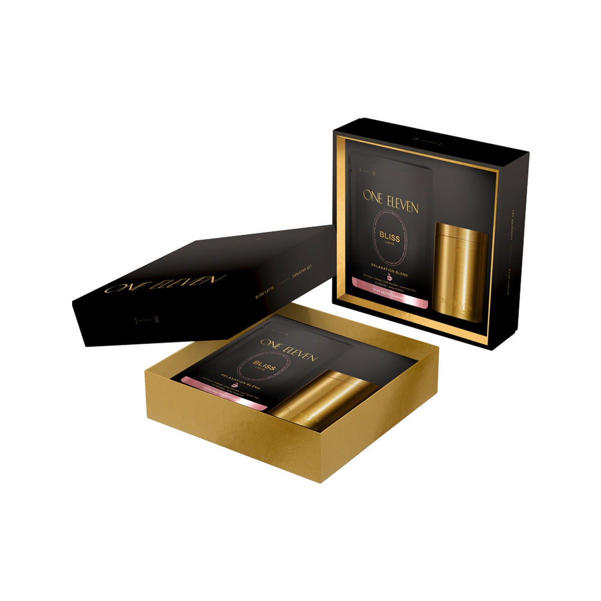 image of One Eleven Bliss Latte (Relaxation Blend) Canister Set - Rose Salted Caramel 220g with Brass Canister on white background