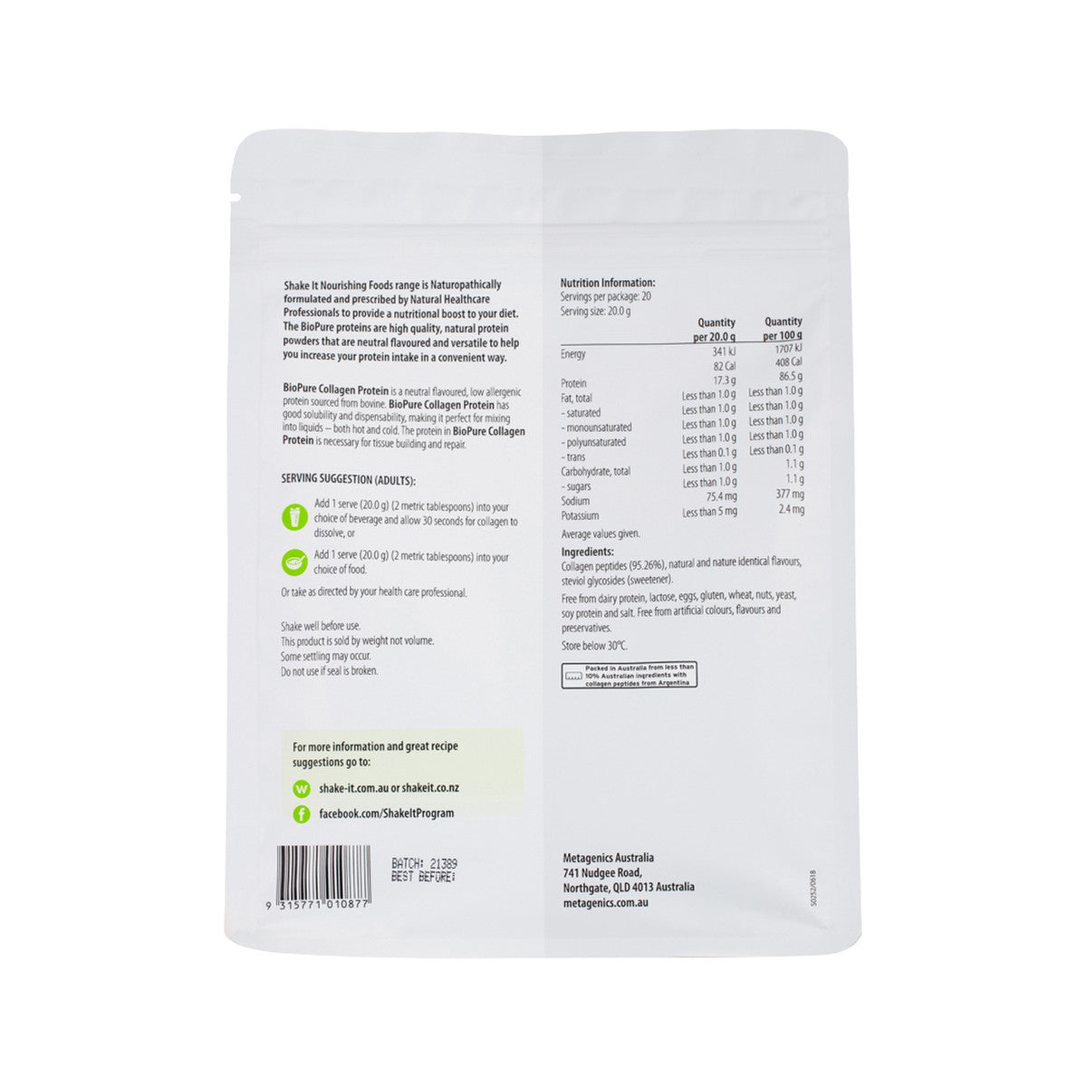 image of Metagenics BioPure Collagen Protein 400g on white background