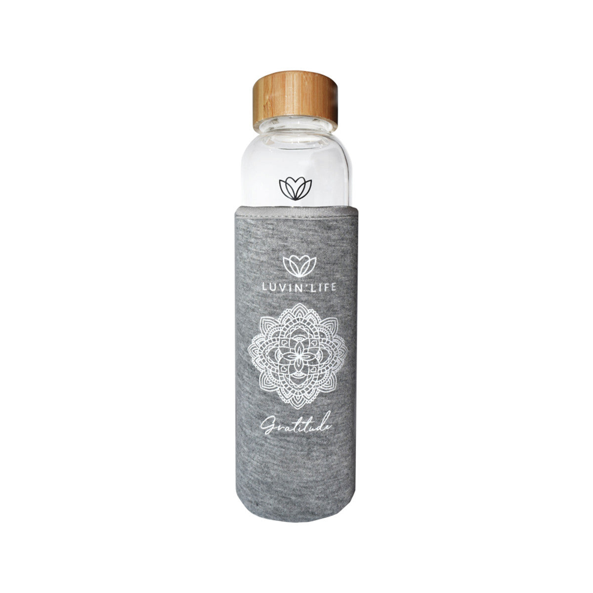 image of Luvin' Life Water Bottle Amethyst Crystals & Bamboo 'Gratitude' (Includes Sleeve) 550ml on white background 