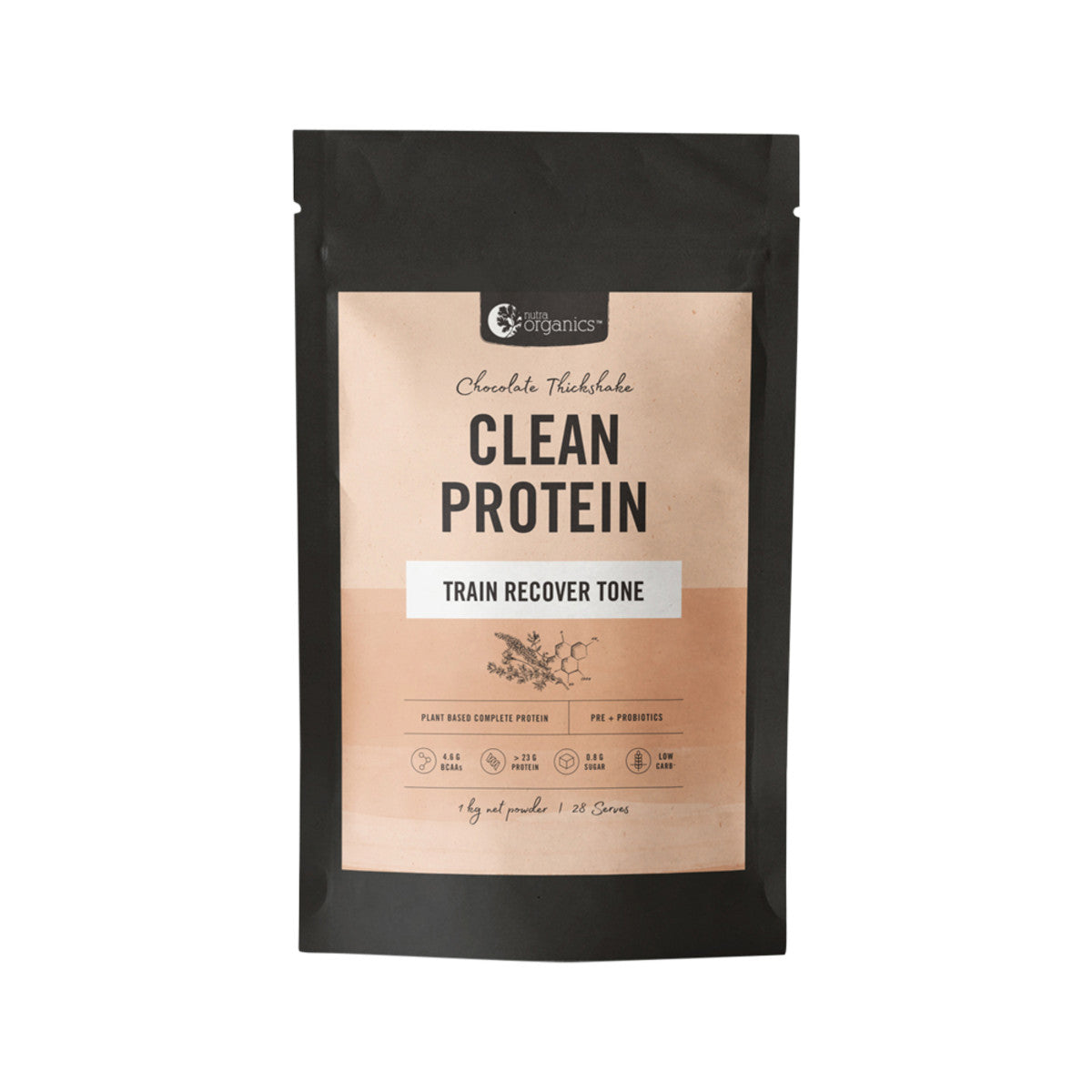 image of Nutra Organics Clean Protein Chocolate Thickshake 1kg on white background 