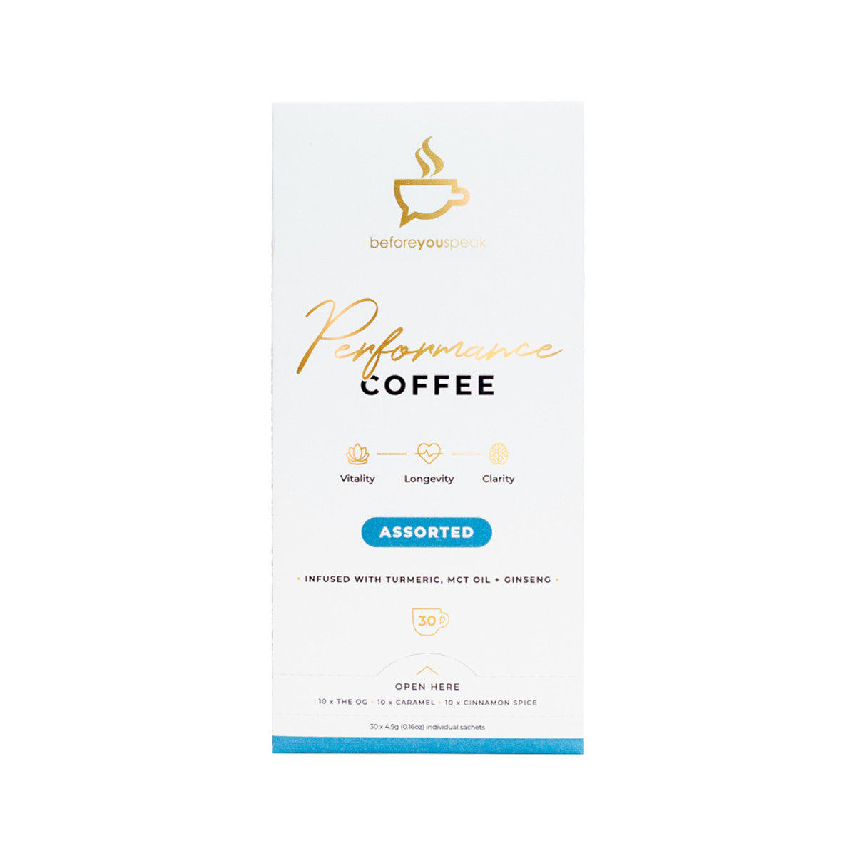 image of Before You Speak Performance Coffee Assorted 4.5g x 30 Pack (contains: 10 x OG, Caramel & Cinnamon Spice) on white background