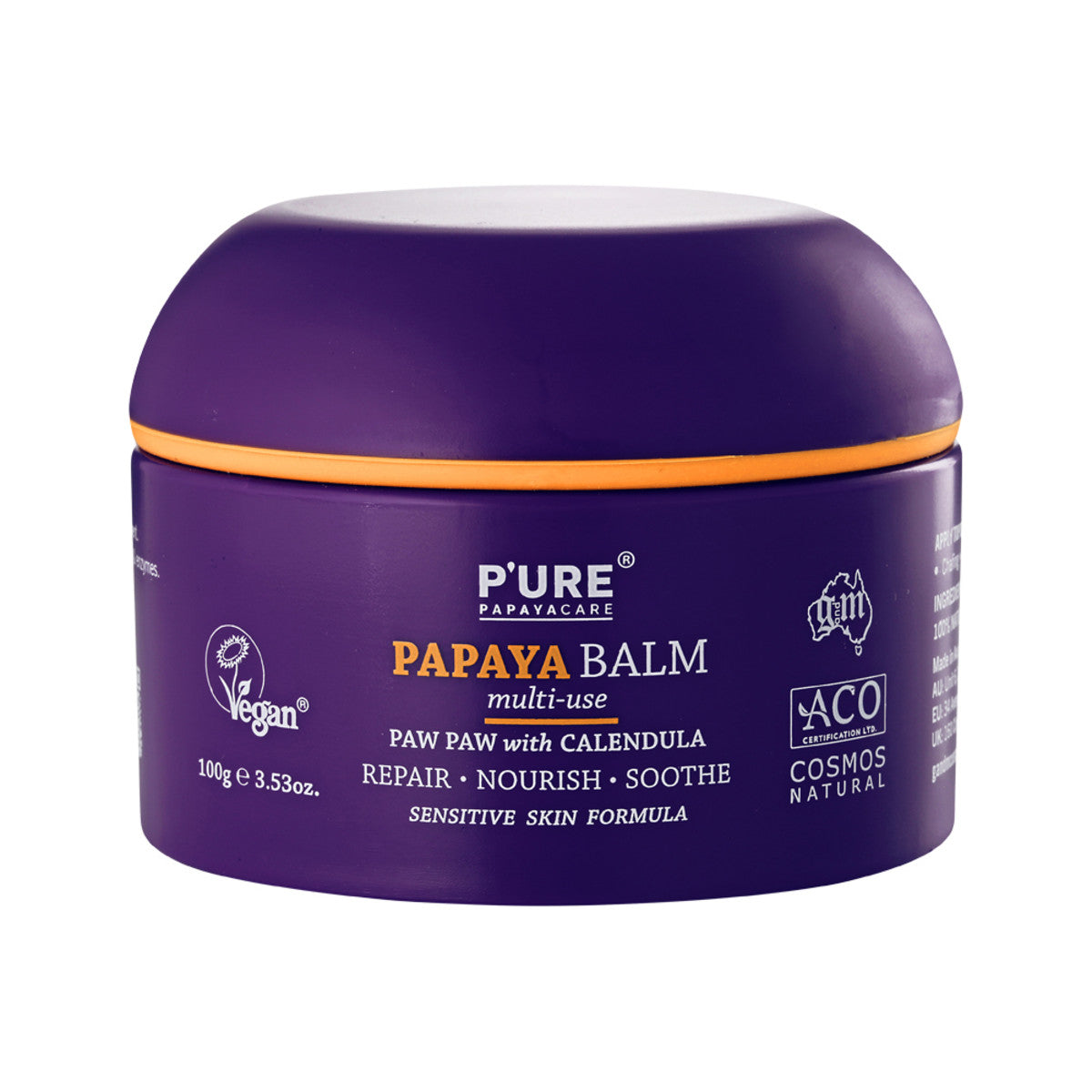 image of P'URE Papayacare Papaya Balm Multi-Use (Paw Paw with Calendula) 100g on white background 