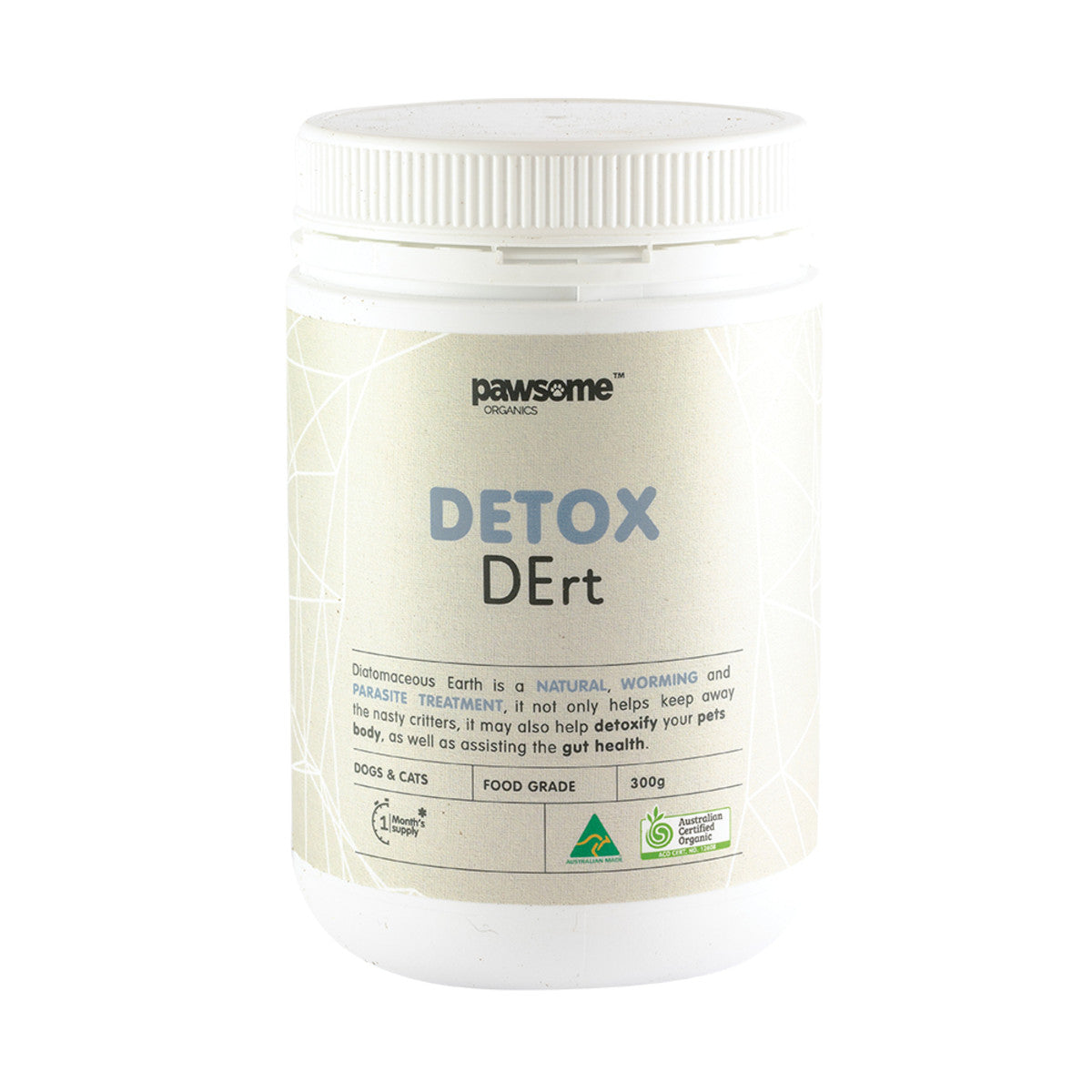 image of Pawsome Organics Pet Detox DErt Diatomaceous Earth Worming & Parasite Control for dogs & cats 300g on white background