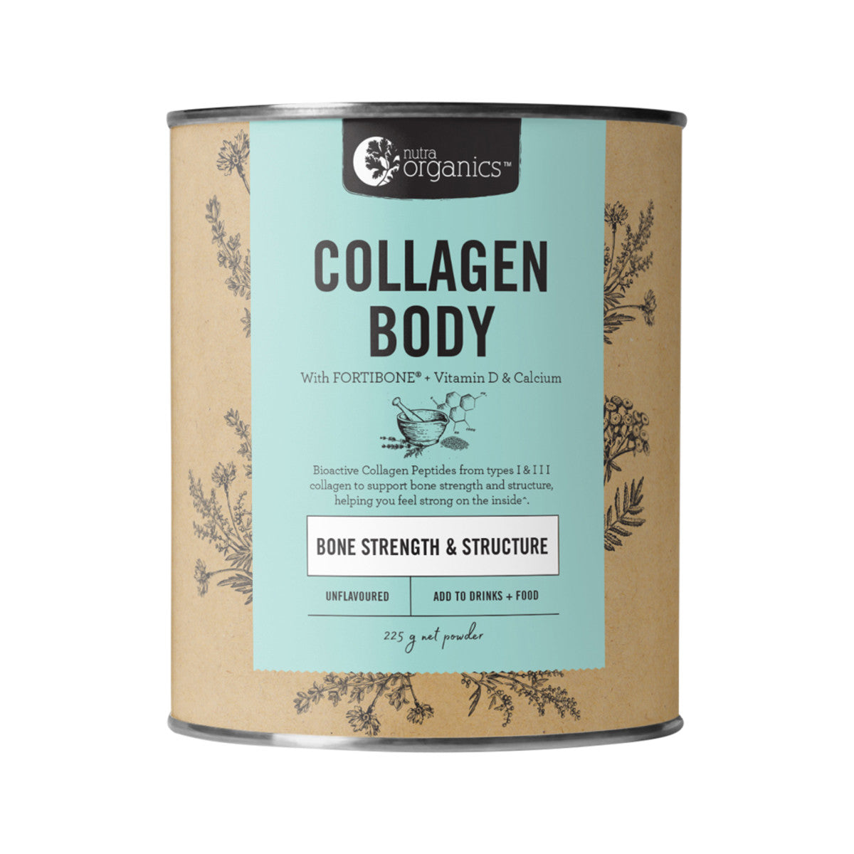 A container of Nutra Organics Collagen Body powder with Fortibone, unflavored, featuring product information and branding.