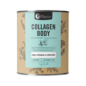 A container of Nutra Organics Collagen Body powder with Fortibone, unflavored, featuring product information and branding.