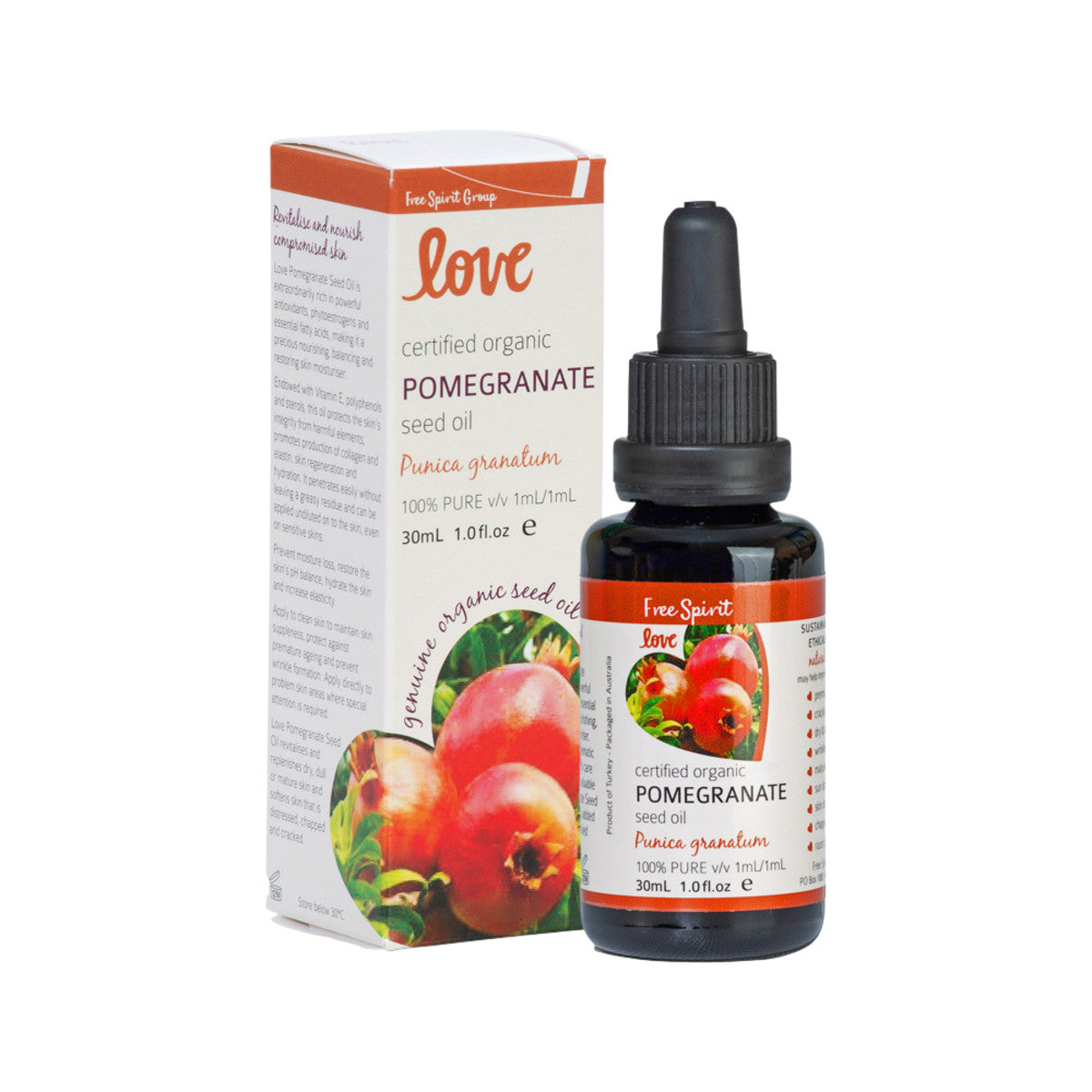 image of Free Spirit Love Certified Organic 100% Pure Pomegranate Seed Oil 30ml on white background