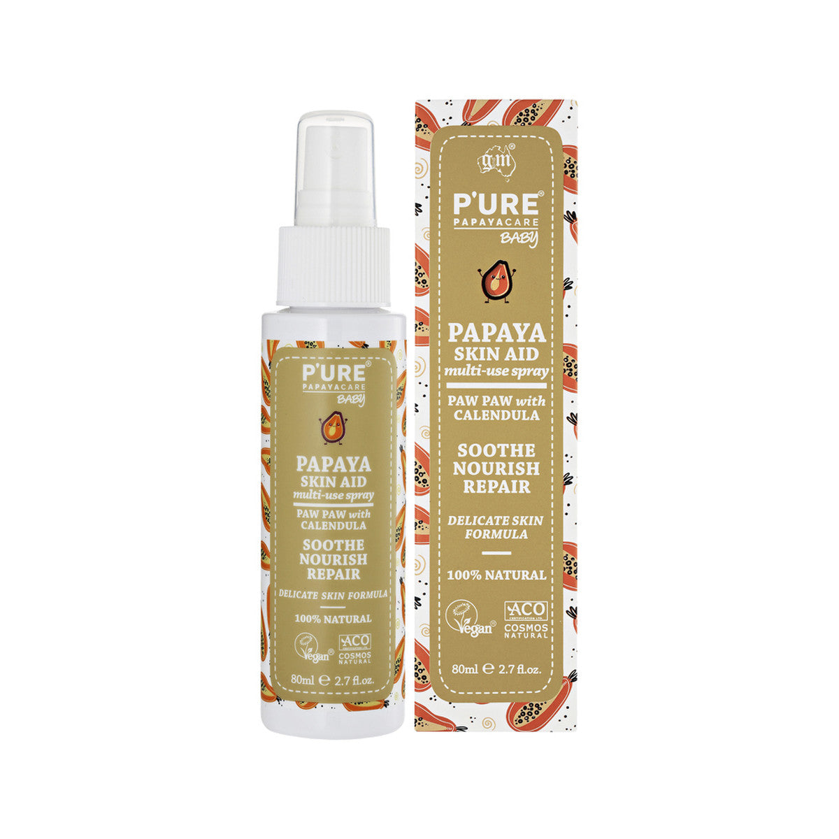 image of P'URE Papayacare Baby Papaya Skin Aid Multi-Use Spray (Paw Paw with Calendula) 80ml on white background