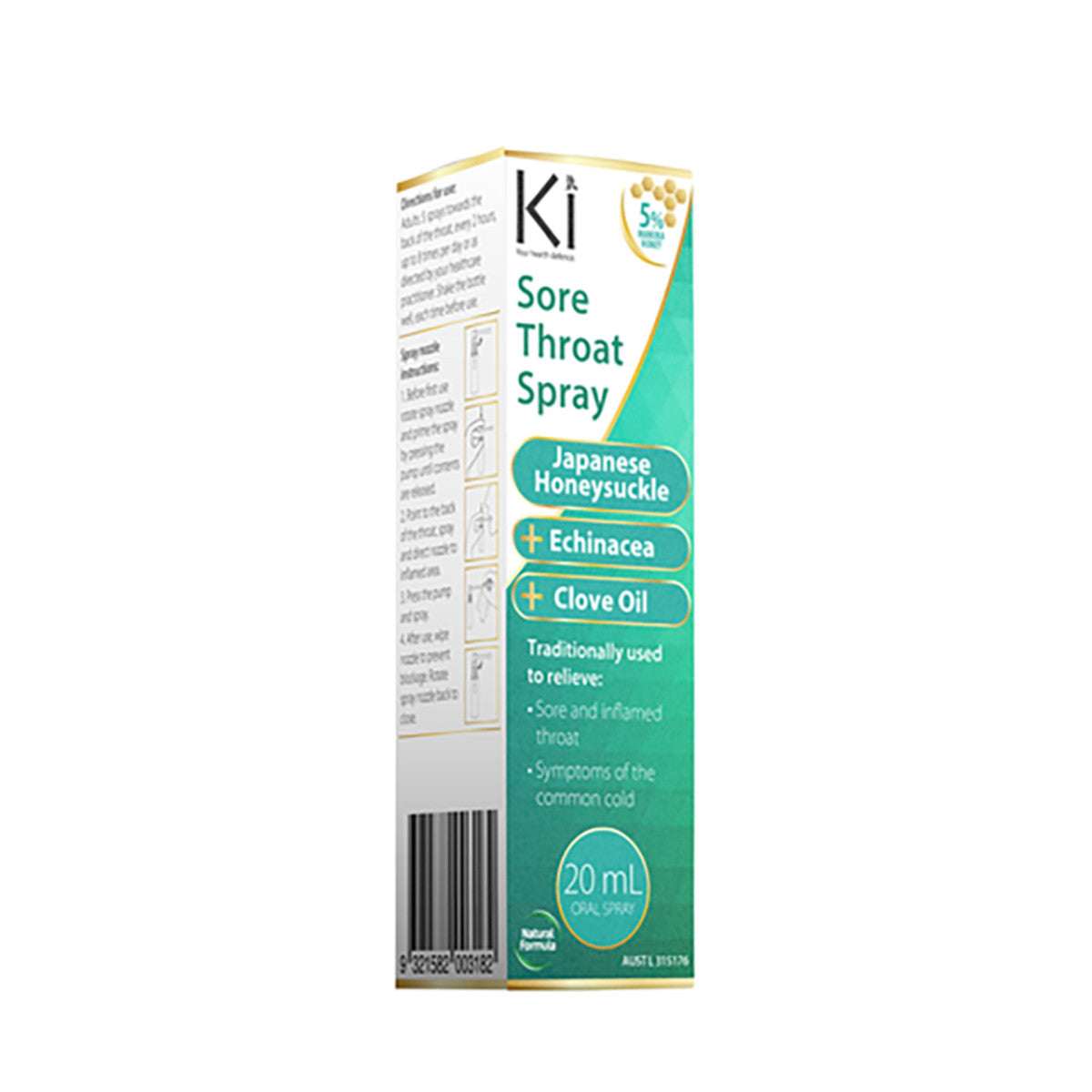 image of Martin & Pleasance Ki Sore Throat Spray (Japanese Honeysuckle + Echinacea + Clove Oil) Oral Spray 20ml on white background 