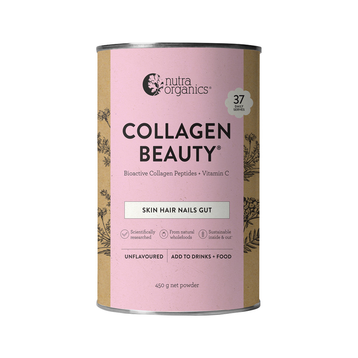 image of Nutra Organics Collagen Beauty Bioactive Collagen Peptides + Vitamin C Unflavoured 400g on white background