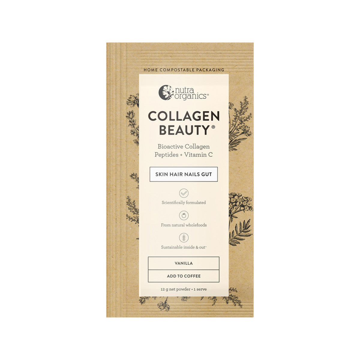 image of Nutra Organics Collagen Beauty (For Coffee) with Bioactive Collagen Peptides + Vitamin C Vanilla Sachets 12g x 10 Pack on white background