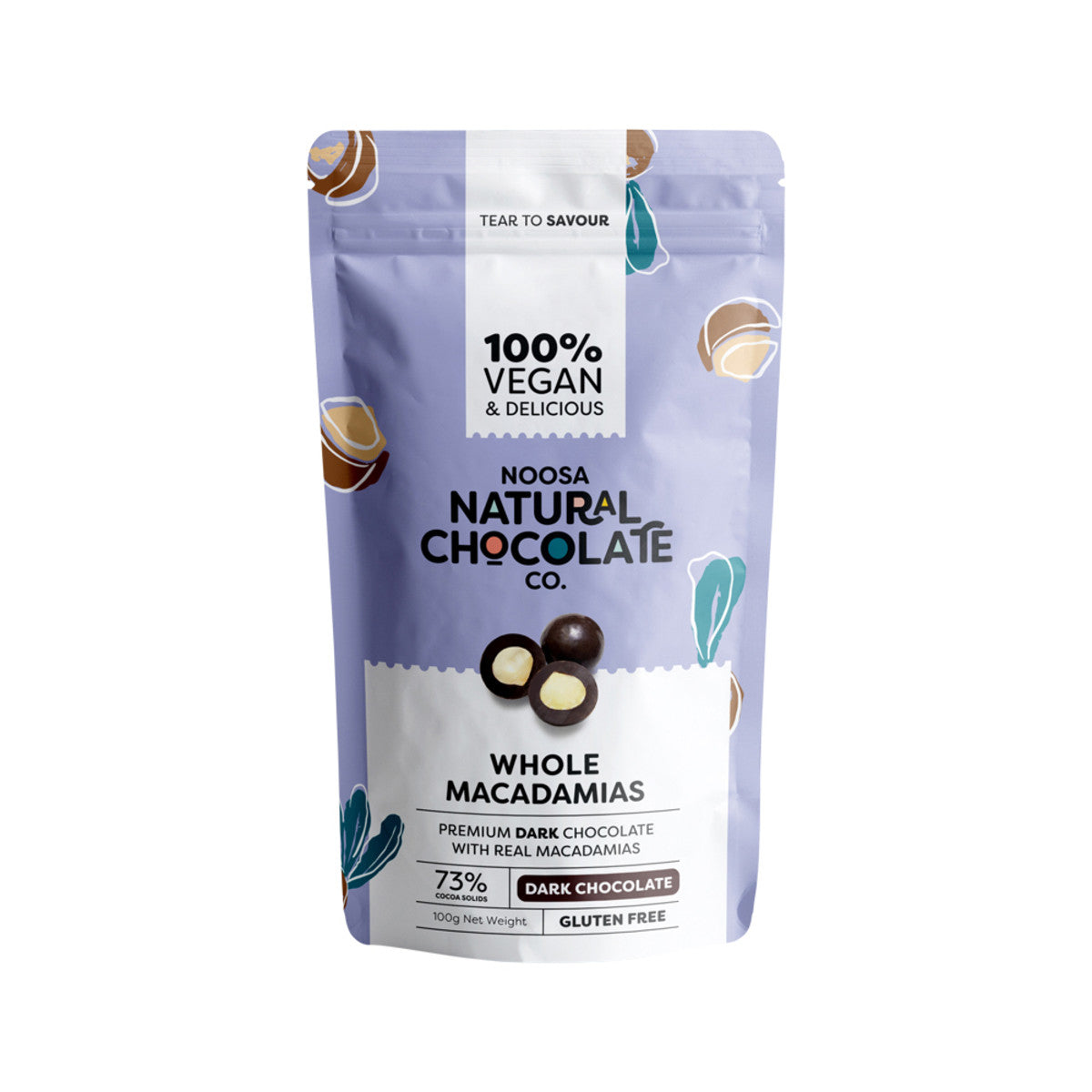 image of Noosa Natural Chocolate Co. Dark Chocolate Whole Macadamias 100g on white background
