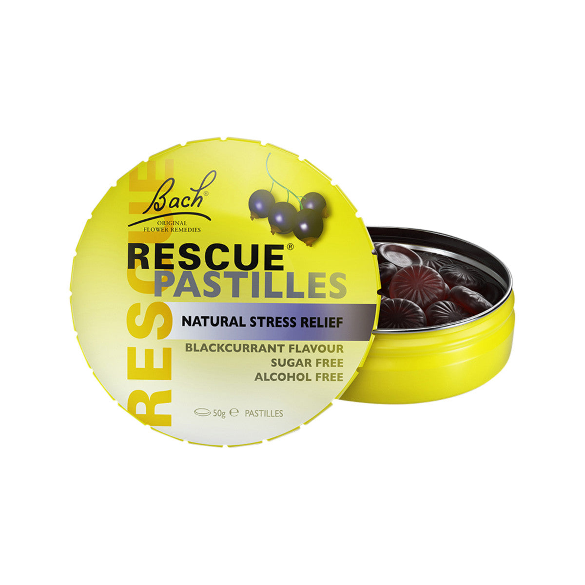 image of Bach Flower Remedies Rescue Pastilles 50g blackcurrant  on white background