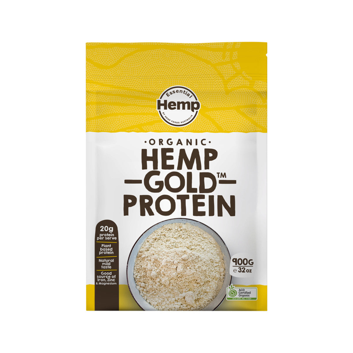 image of Essential Hemp Organic Hemp Protein Gold Powder 900g on white background 