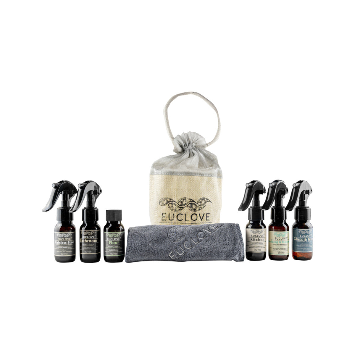 image of Euclove Sampler Gift Bag (contains: 6 x 50ml sizes, 1 x Woven Microfibre Cloth, Natural Jute Bag) on white background