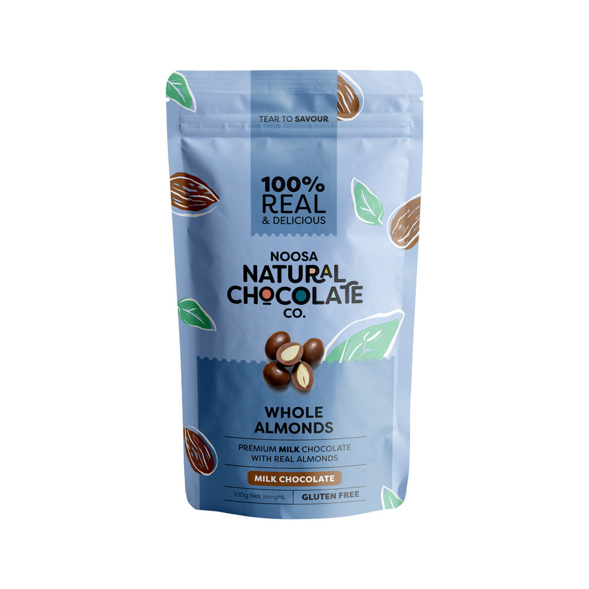 image of Noosa Natural Chocolate Co. Milk Chocolate Whole Almonds 100g on white background