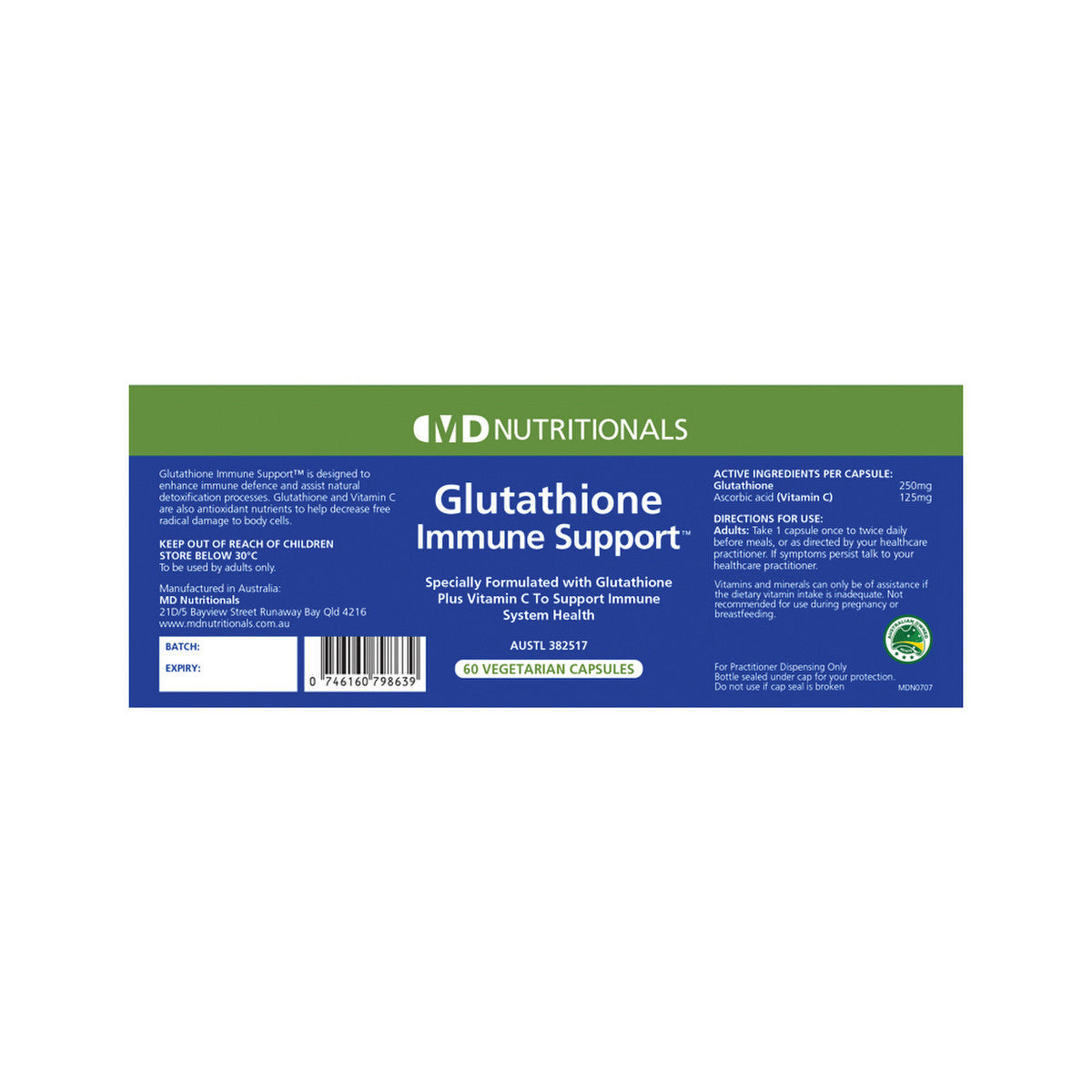 image of MD Nutritionals Glutathione Immune Support 60vc on white background 