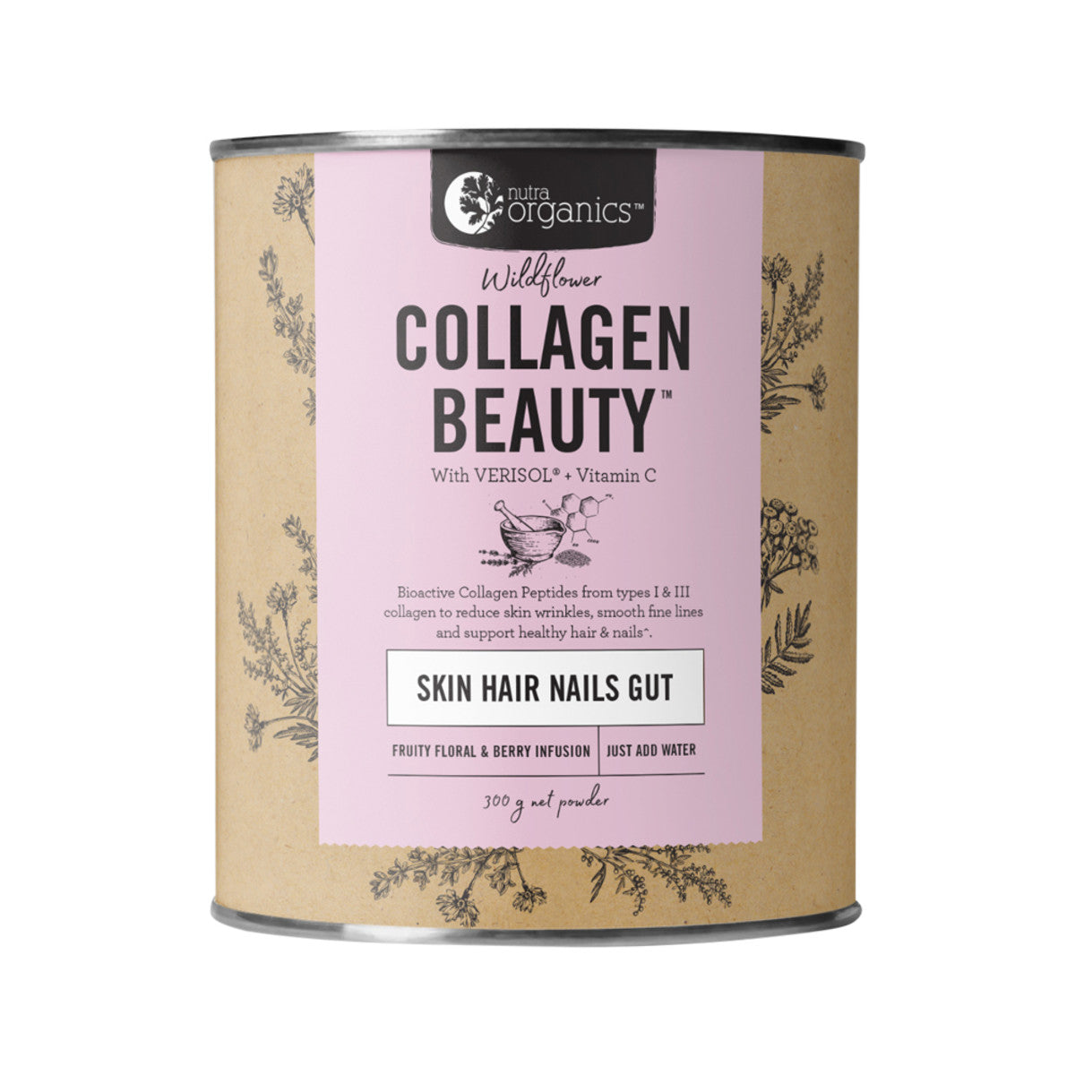 image of Nutra Organics Collagen Beauty with Verisol + Vitamin C (Skin Hair Nails Gut) Wildflower 300g on white background 