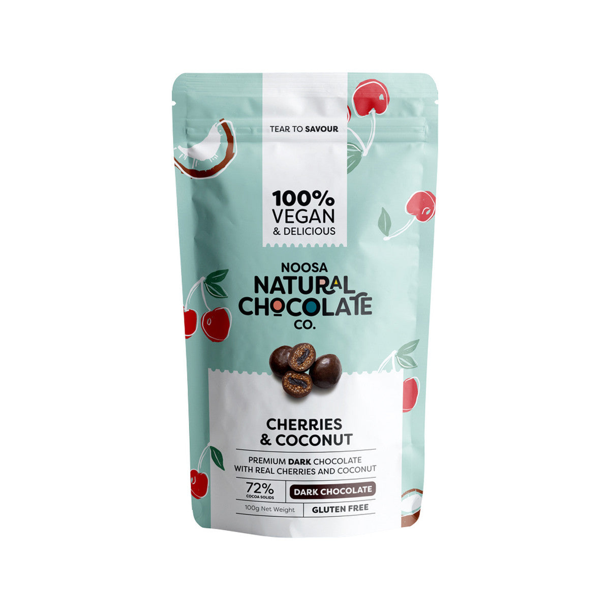 image of Noosa Natural Chocolate Co. Dark Chocolate Cherries and Coconut 100g on white background