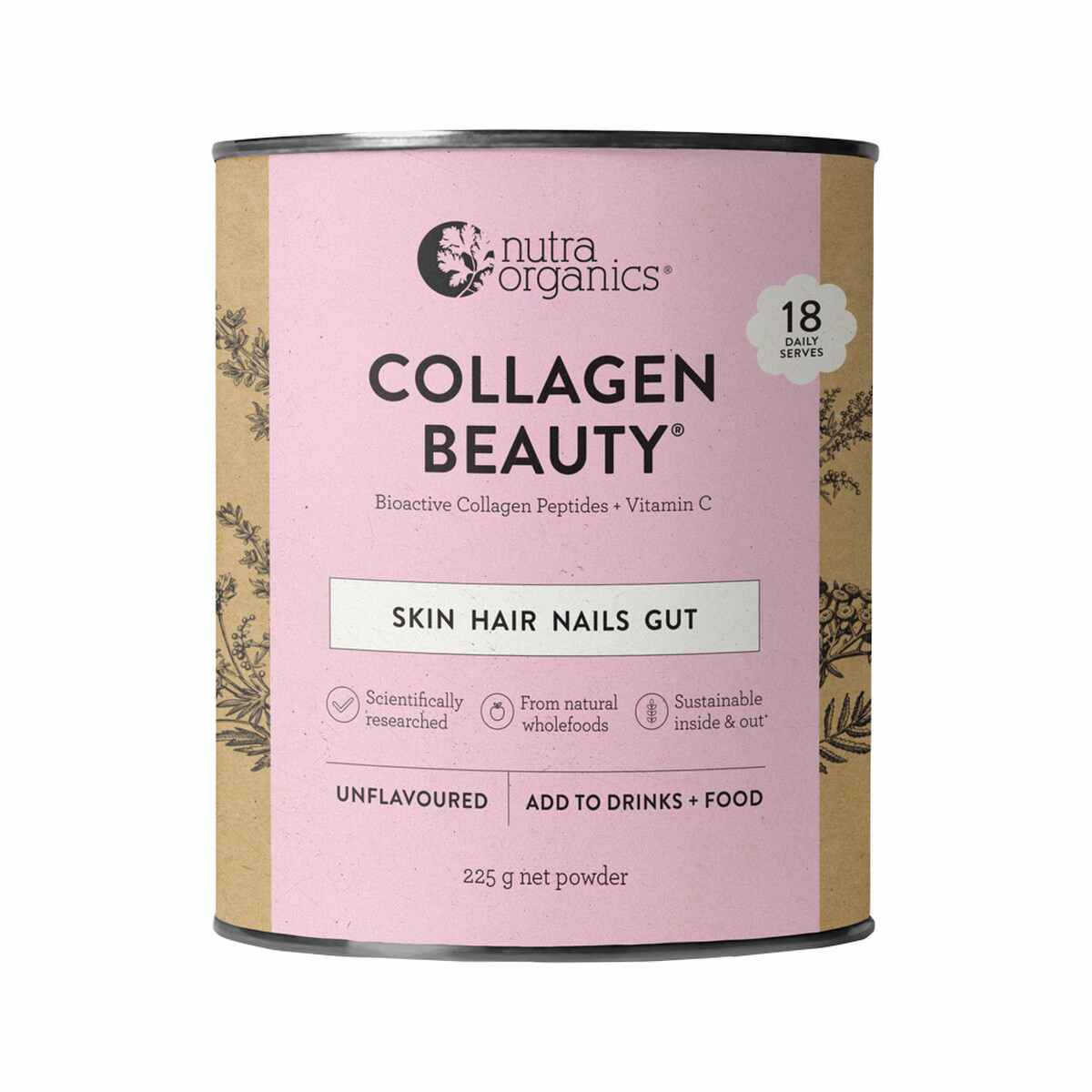image of Nutra Organics Collagen Beauty Bioactive Collagen Peptides + Vitamin C Unflavoured 225g on white background