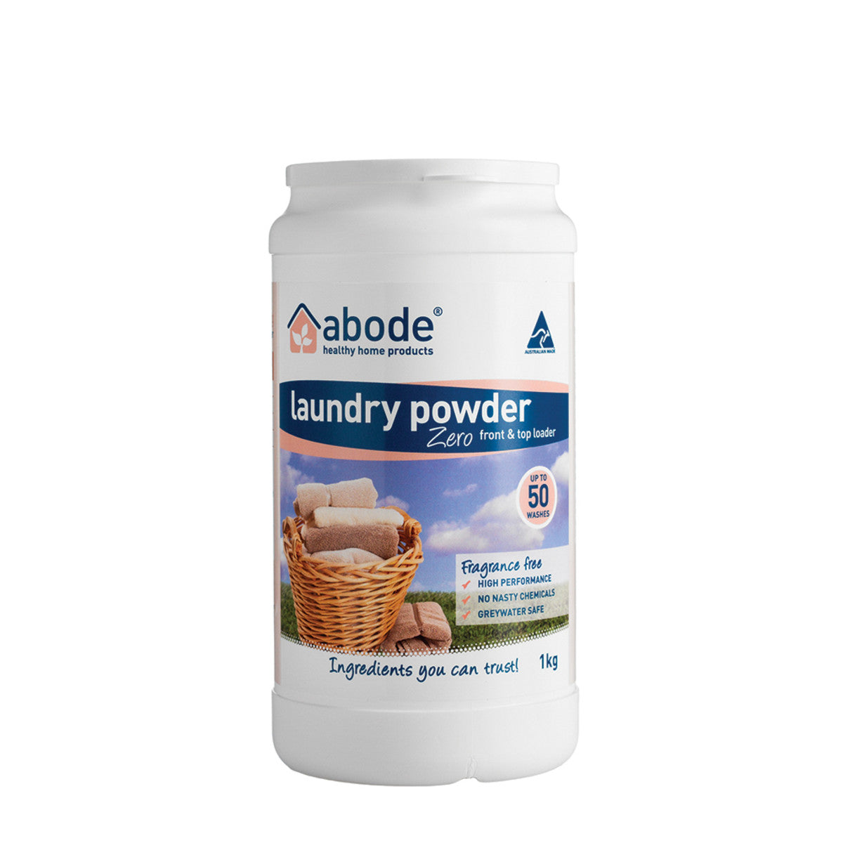 image of Abode Laundry Powder (Front & Top Loader) Zero 1kg on white background