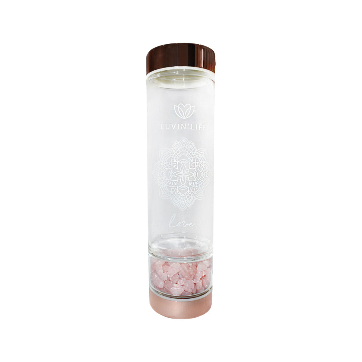 image of Luvin' Life Water Bottle Rose Quartz Crystals & Rose Gold 'Love' (Includes Sleeve) 550ml on white background 